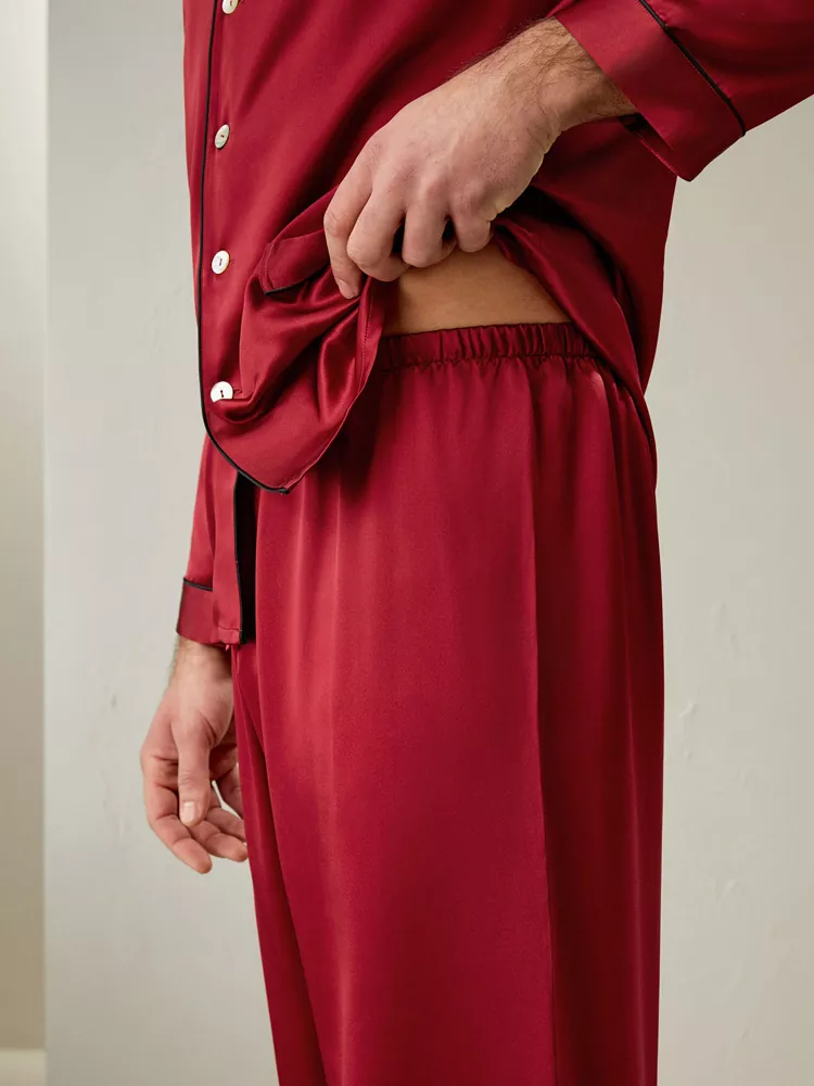 Custom red silk pajamas male red silk pajama set - Image 3