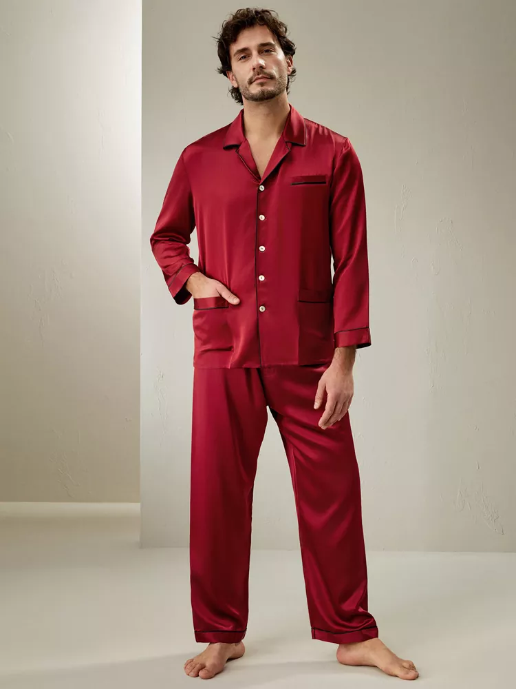 Custom red silk pajamas male red silk pajama set