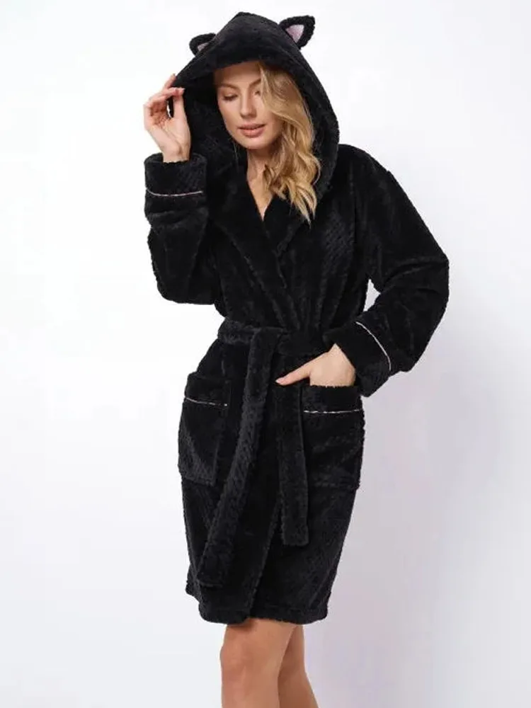 Personalized winter robe for ladies black warm robe - Image 2