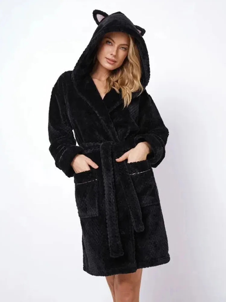 Personalized winter robe for ladies black warm robe - Image 3