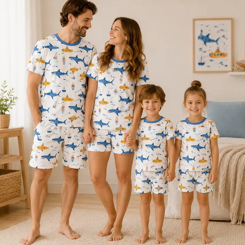 CHINEE 100% Cotton Family Pajamas Matching Set Birthday Party Sleepwear Short Sleeve Loungewear Homewear for Family