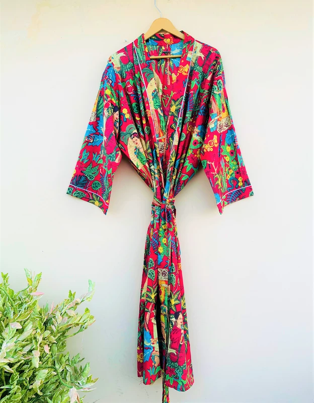 CHINEE 100% Cotton Handmade Women's Bohemian Maxi Kimono Robe Animal Print Half Sleeve Wrap Hem Breathable Oversized Summer Daily