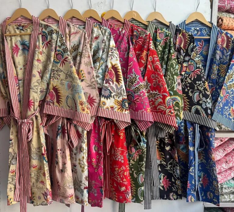 CHINEE 100% Cotton Kimono Kaftan Floral Print Women's Robes Bathrobe Block Print Bridesmaid Robe
