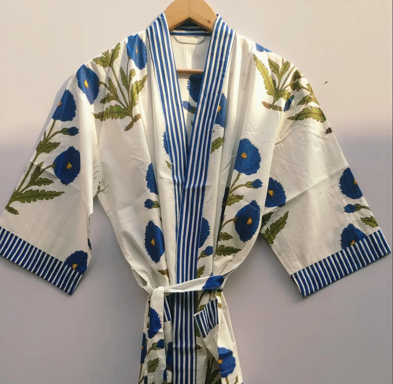 CHINEE 100% Cotton Kimono Robes Kimono Bridesmaid Dressing Gown Women Block Print Handmade Robes Gift
