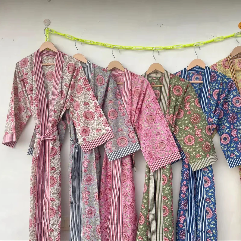 CHINEE 100% Cotton Kimono Robes Kimono Bridesmaid Dressing Gown Women Block Print Handmade Robes Kimono Gift