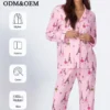 CHINEE 100% Cotton Knit Women's Pajama Set Customizable Long Sleeves Elastic Waist 180g Summer Spring Front Sleepwear
