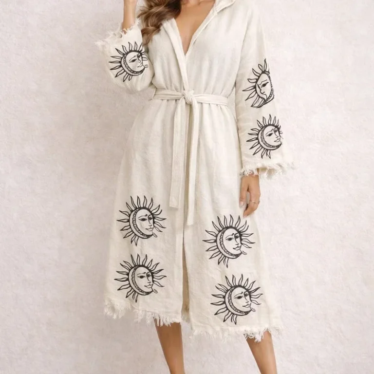 CHINEE 100% Cotton Muslin Hooded Bathrobe Women Lightweight Spa Robe Boho Beach Kimono Soft Turkish Dressing Gown Front Eco Friendly