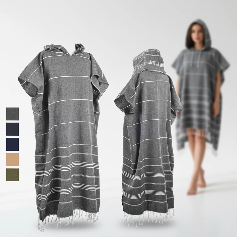 CHINEE 100% Cotton Quick Dry Hooded Beach Robe with Bag Turkish Surf Poncho Towel for Adults Kids Striped Pattern Plain Style