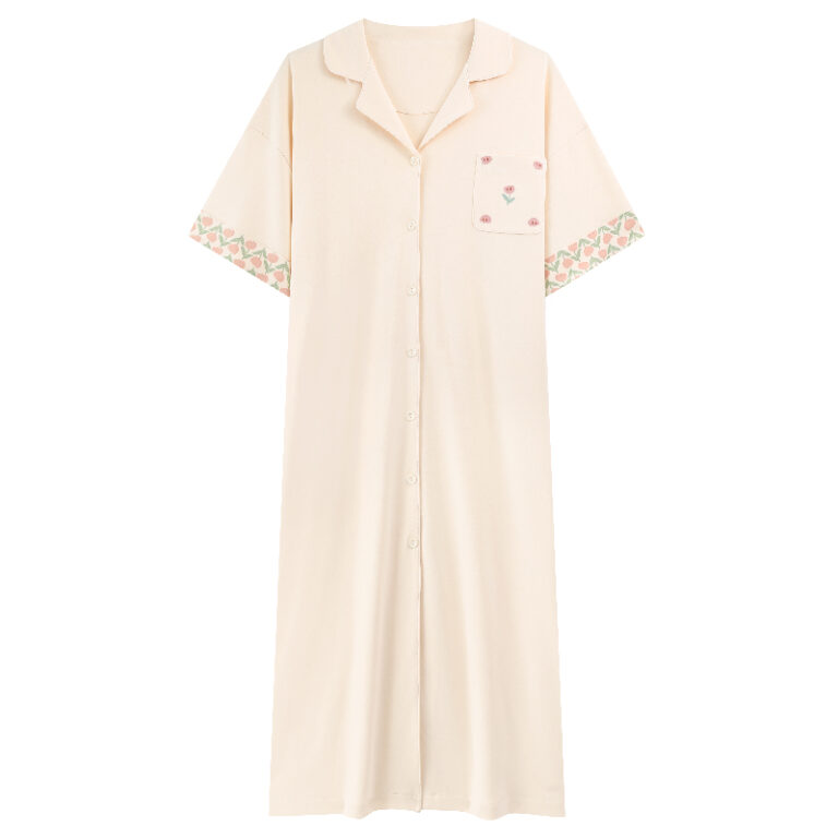 CHINEE-100-Cotton-Summer-Nightgown-for-Women-Solid-Color-Simple-Floral-Print-Comfortable-Loose-Dress-Ruched-Decoration-Plain-Dyed