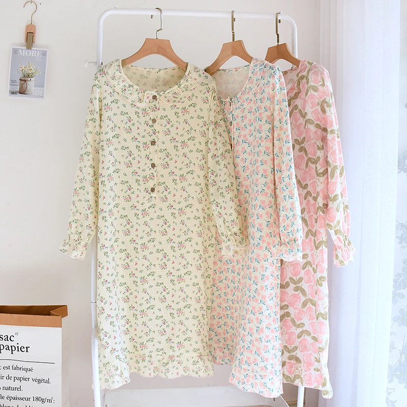 CHINEE 100% Cotton Women's Nightgown Romantic Floral Ultra Thin Breathable Midi Length Sleepwear
