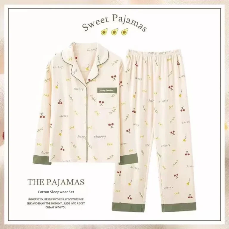 CHINEE 100% Cotton Women's Pajamas Set Spring Autumn New Long Sleeve Thin Cherry Print Turn down Collar Plus Size Wearable