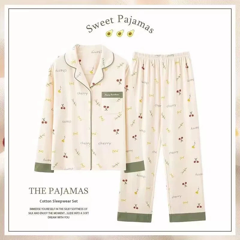 CHINEE 100% Cotton Women's Pajamas Set Spring Autumn New Long Sleeve Thin Cherry Print Turn down Collar Plus Size Wearable