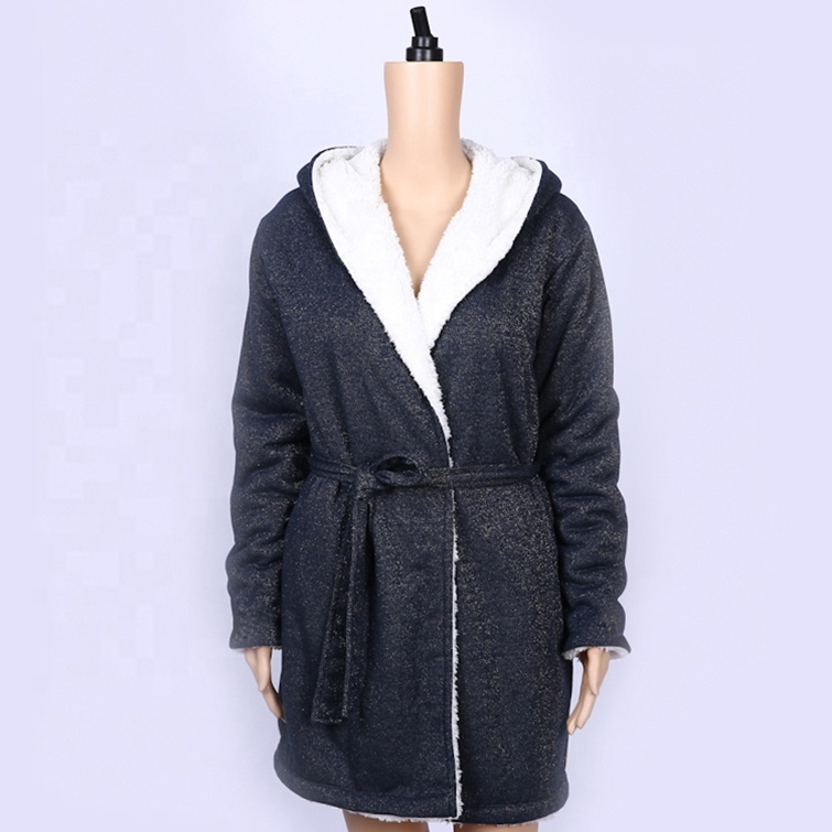 CHINEE 100% Polyester Super Soft Navy Sherpa Bonded Double Layer Long Hooded Kimono Luxury Robe Winter Spring Autumn