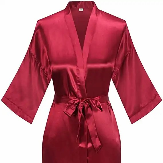 CHINEE 100% Polyester Women's Short Kimono Robe Pure Color Silky Bathrobe Spring Summer Classic Machine Embroidery Breathable Front