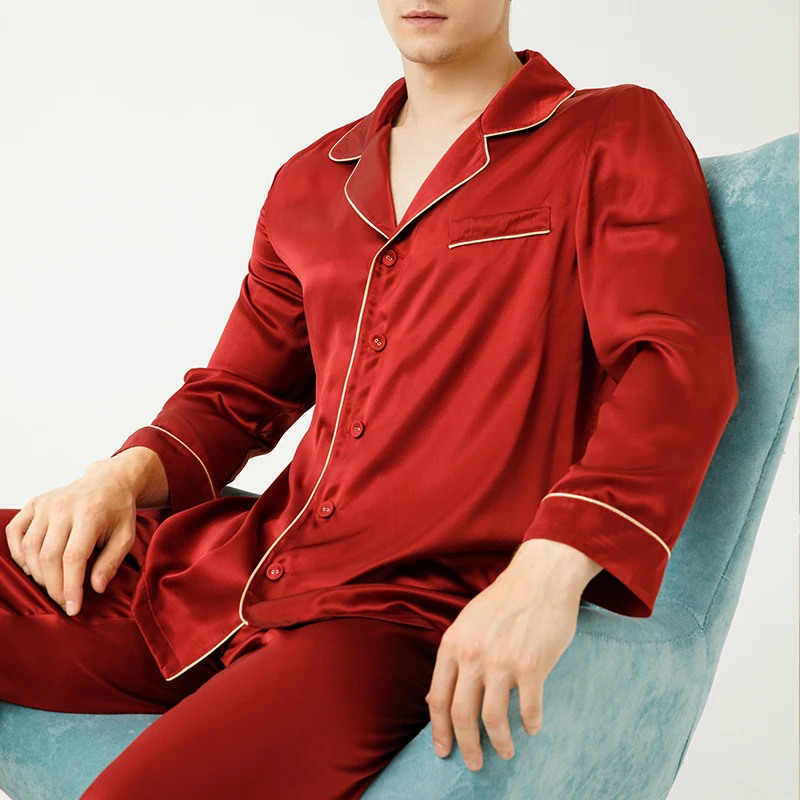 CHINEE 100% Silk Plain Dyed Men Nightgown Long Sleeve Pajama Long Sleeve Private Label Mens Pajamas Set