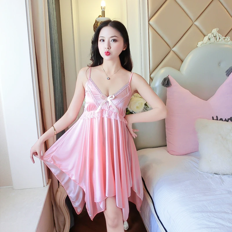 CHINEE 1318# Sexy Women's Nightdress Summer Silk Seductive Lingerie Halter Nightdress Women's Pajamas Lace Plus Size Cute