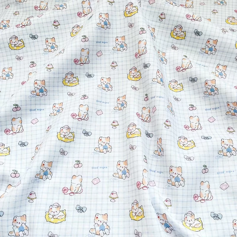 CHINEE 150 cm Width Cute Cat Print 100% Cotton Maternal & Infant Grade Double Gauze Fabric for Baby Saliva Towels Garments and Pajamas