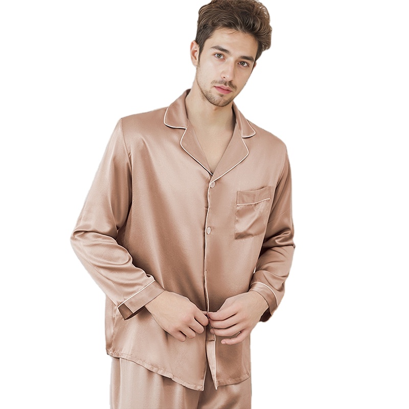 CHINEE 19 Momme Pure Silk Pajamas Suit Home Clothes Men's Mulberry Silk Long sleeve Tops Trousers Sleepwear