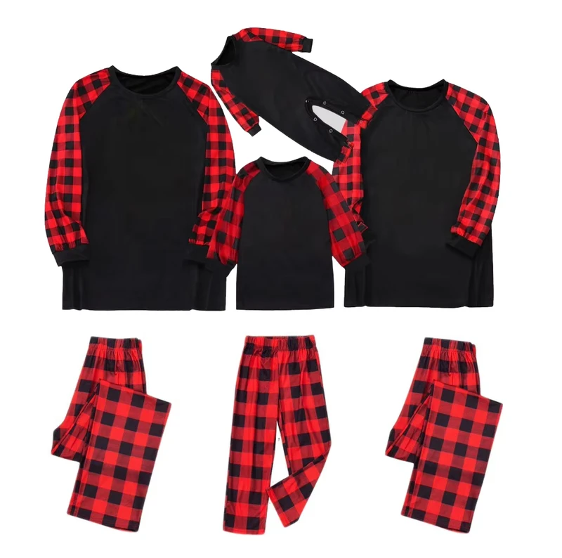 CHINEE 1sets Customize Print Available Family Matching Outfits Christmas Pjs Pyjamas Family Black and Red Plaid Pajamas