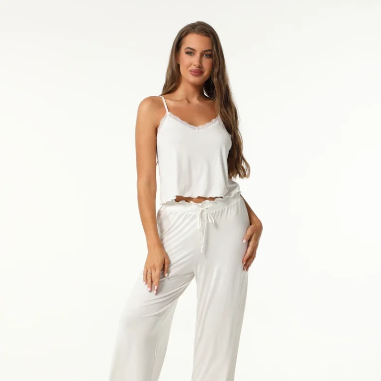 CHINEE-2-Piece-Silky-V-Neck-Camisole-Pajama-Set-Lace-Trim-Sleepwear-Tie-Waist-Lounge-Pants-Satin-Nightwear-Loungewear-Sexy-Lingerie