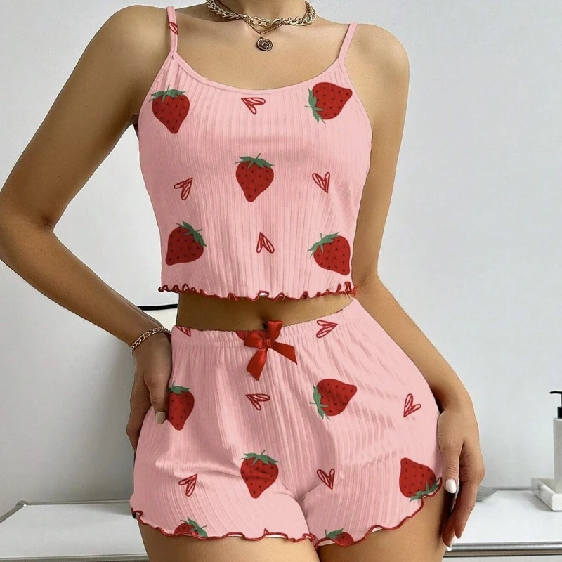 CHINEE 2PCS SET Women's Strawberry Print Ribbed Knit Camisole Pajama Set Comfortable Two Piece Sleepwear for Summer Quick Dry Pajamas