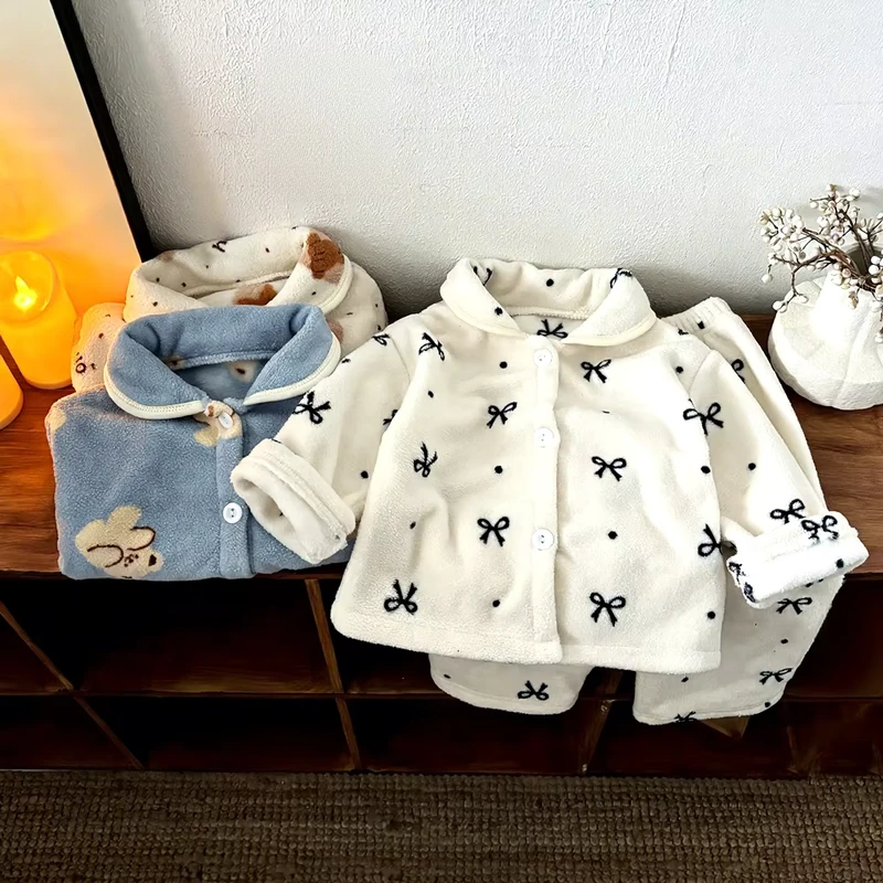 CHINEE 2pcs Autumn Winter Bow Print Thick Warm Fleece Home Baby Kids Boys Girls Cardigan Pajamas Clothing Set