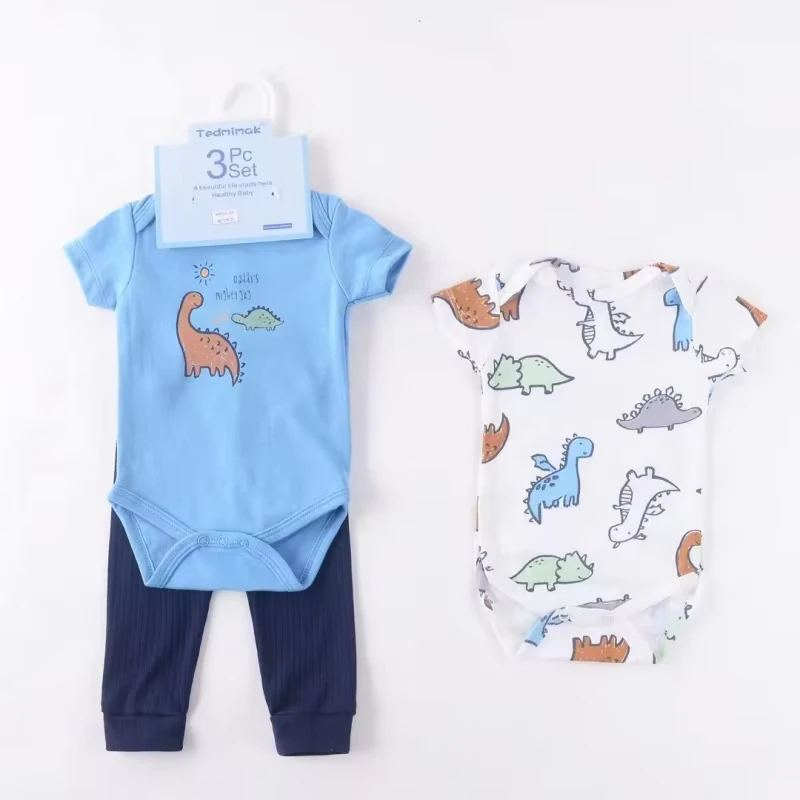 CHINEE 3 Pcs Sets Neutral Kids Pajama Suit 2 Pcs Romper Baby Clothes + Pant 100% Cotton Newborn Sleepsuit Onesie