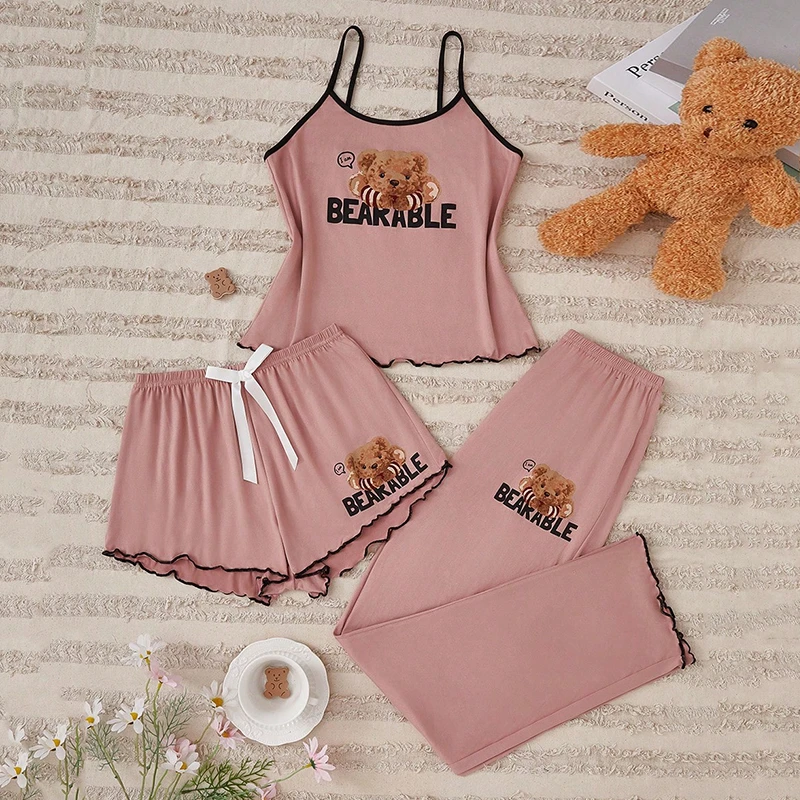 CHINEE 3 Pcs Women Pajama Set Cartoon Letter Print Breathable Loungewear Sleeveless Camisole Pyjama Sleepwear