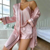 CHINEE 3 Piece Summer Ice Satin Silk V neck Pajamas Sets Bridal Pajama Women's Halter Shorts Nightgown Homewear Sleepwear With Robe