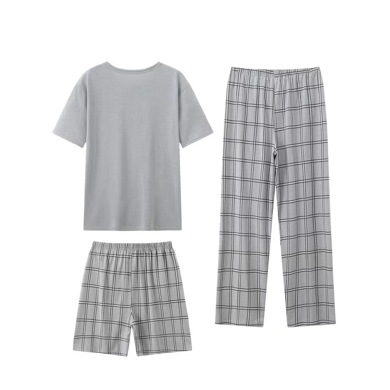 CHINEE 3pcs Men'S Summer Pajama Set Short Sleeve T Shirt Shorts and Long Pants in Plaid Pattern with Crew Neck