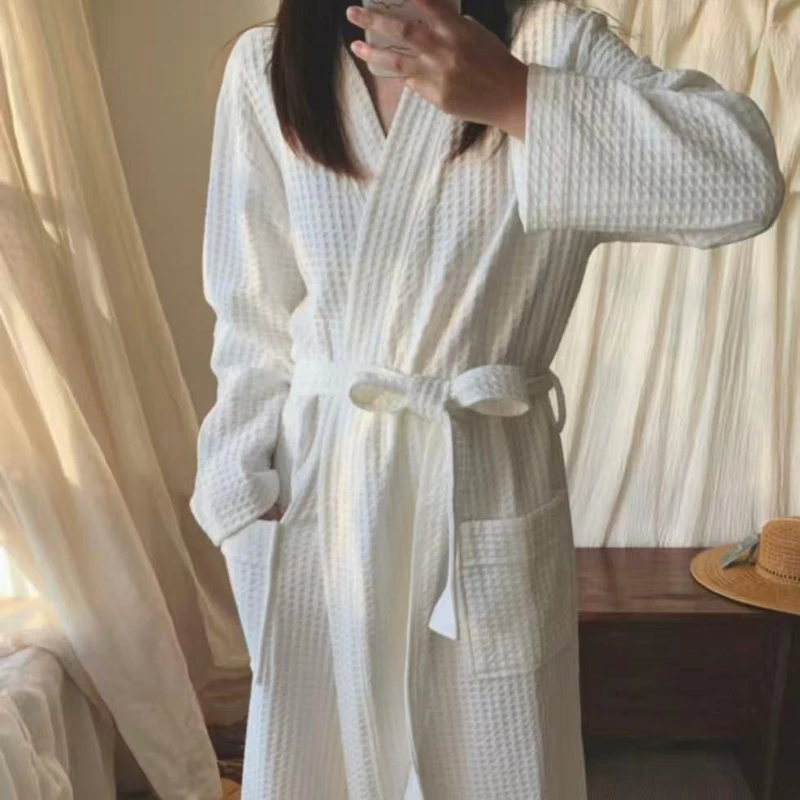 CHINEE 5 Star Hotel Modern White Cotton Waffle Robe Breathable Quick Dry Long Sleeve Men's Pockets Winter Summer Use 750g Combed Yarn