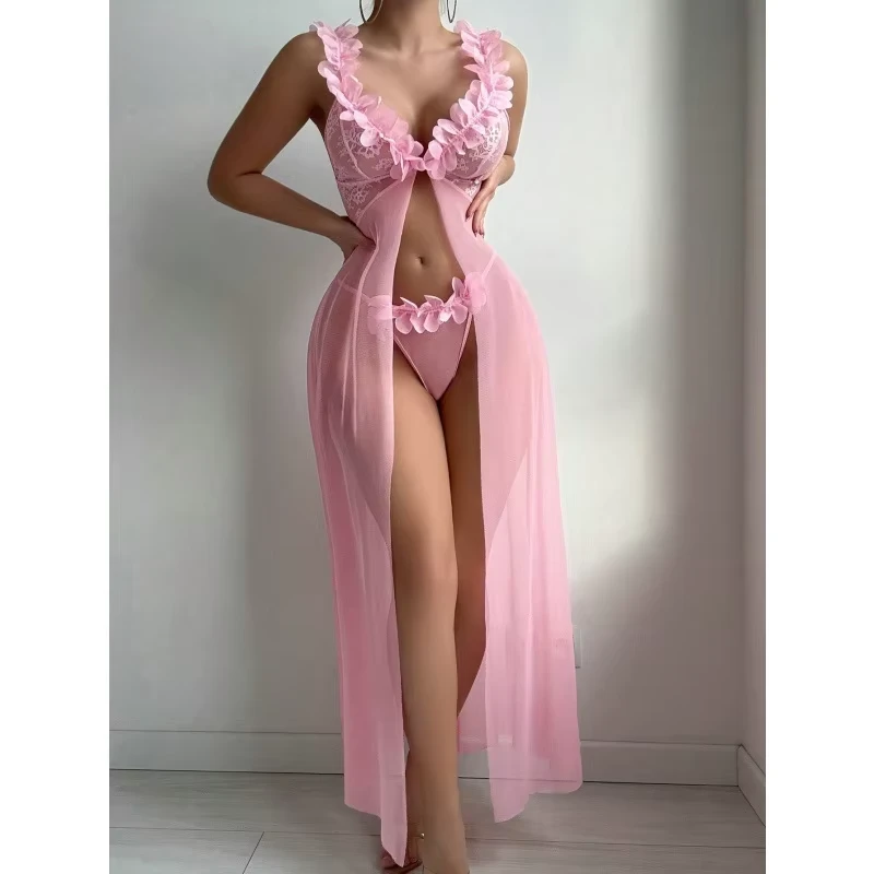 CHINEE #6 Sexy Women's Nightgown Set Lace Trimmed Split Design Long Sleepwear Erotic Loungewear Two Piece Set
