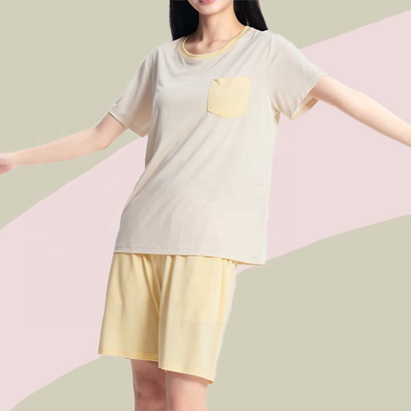 CHINEE 70% Viscose EcoCosy 30% Polyester Lightweight Soft Breathable Pocket Crew Neck T Shirt Shorts Lounge Set For Women