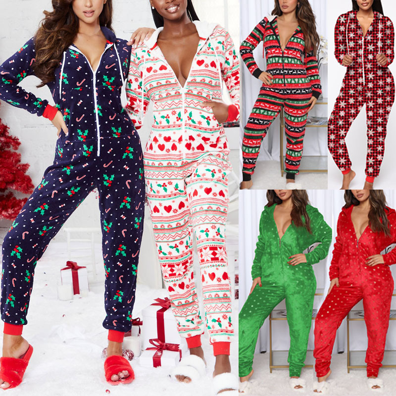 CHINEE Adult Casual Sleepwear Pajamas Long Sleeve Christmas Romper Onesie Pajama for Women