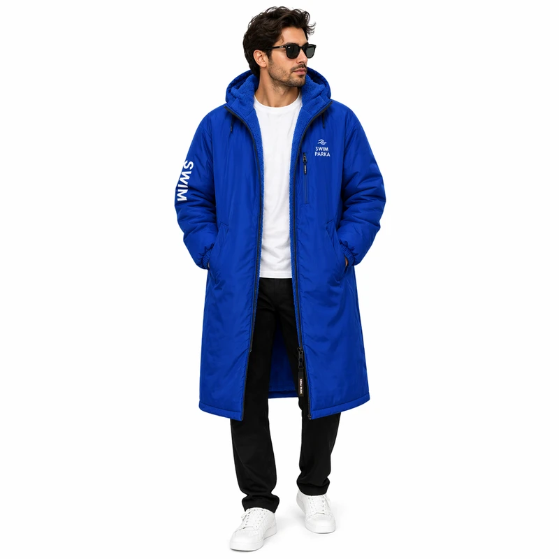 CHINEE Adult Men Swim Parka Long Waterproof Changing Coat Warm Fleece Hooded Robe Customizable All Season Pool Training Beach Surfing