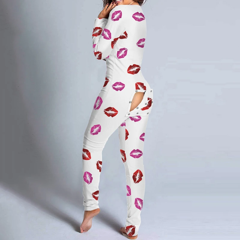 CHINEE Adult One Piece Set Bodysuit Home Wear Long Sleeve Nightwear Valentine's Day Onesie Pajamas With Butt Flap for Women