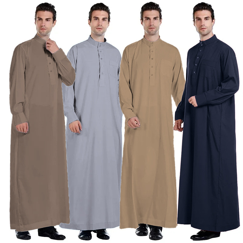 CHINEE AliExpress for New Middle Eastern Men's Polyester Robe Solid Color Qatar Stand Collar Gown Four Seasons Casual Direct