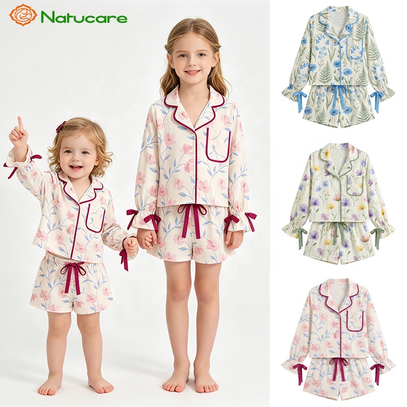 CHINEE American Style Custom Print Kids Girl Pajama Pink Bow Ruffle Button Down Pj Set Children Clothing Fashion Girls Sleepwear Pjs