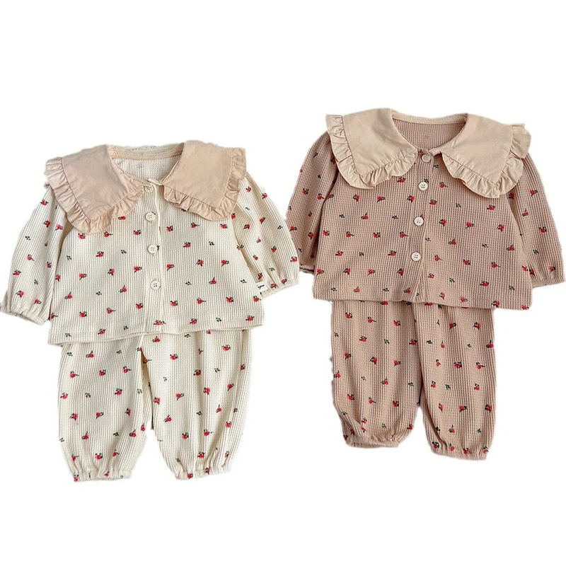 CHINEE Angou Spring Fall Soft Toddler Girls Kids Cotton Pajamas Sets With Ruffles Fruit Printed Loungewear Sleepwear for Kids