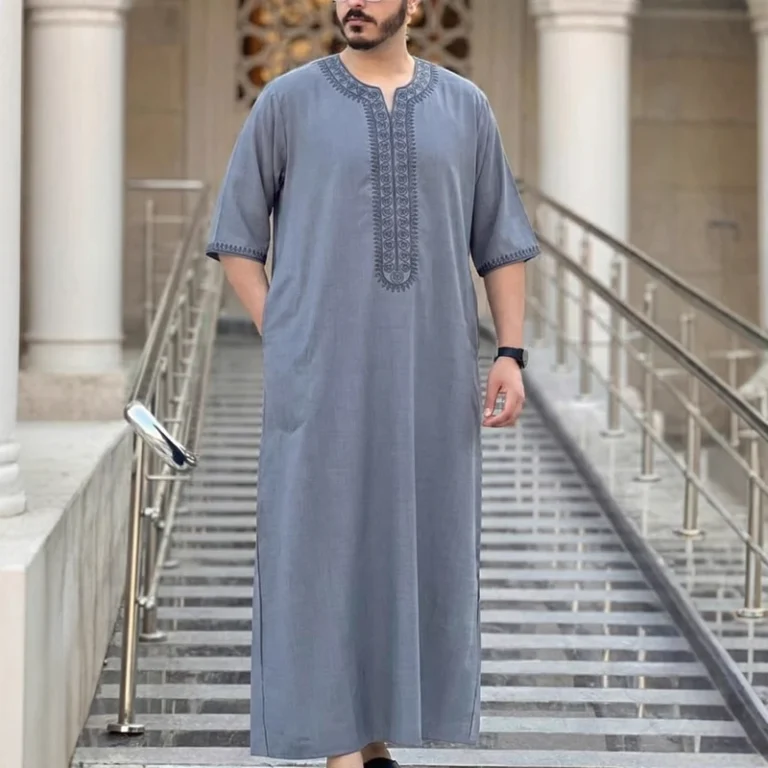 CHINEE-Arab-Mens-Clothing-Short-Sleeved-Embroidered-Mens-Robe-Moroccan-Style-Middle-Eastern-Juba-Robe