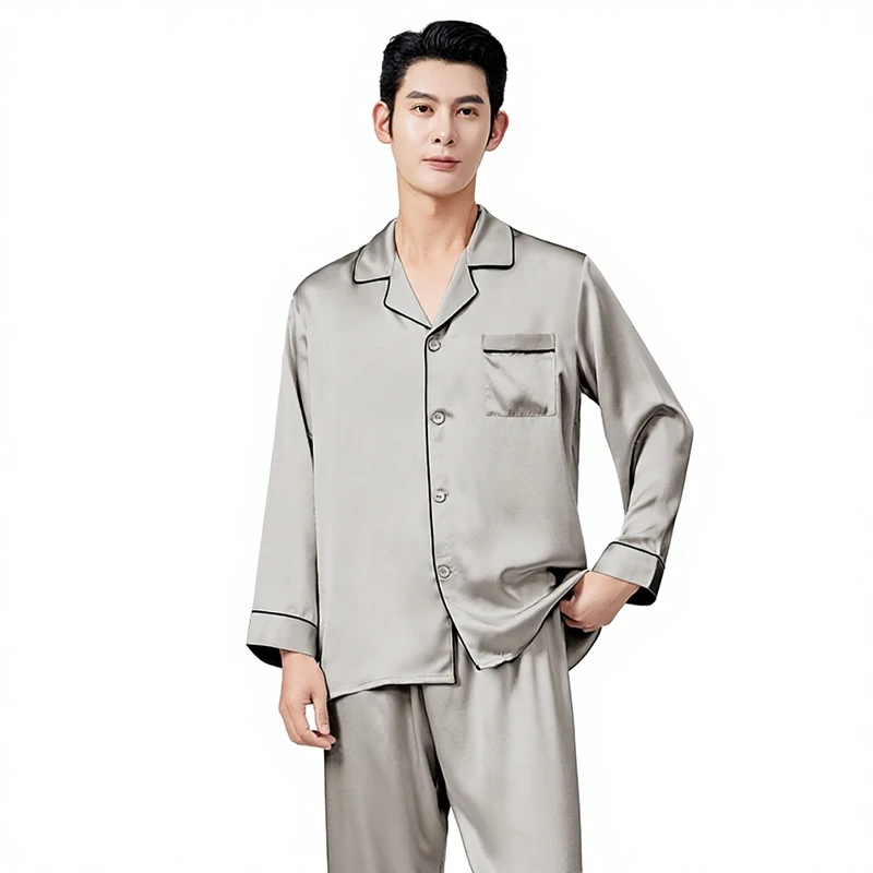 CHINEE Autumn Men's 100% Mulberry Silk Breathable Solid Pajamas Loungewear Set High End 19 Momme
