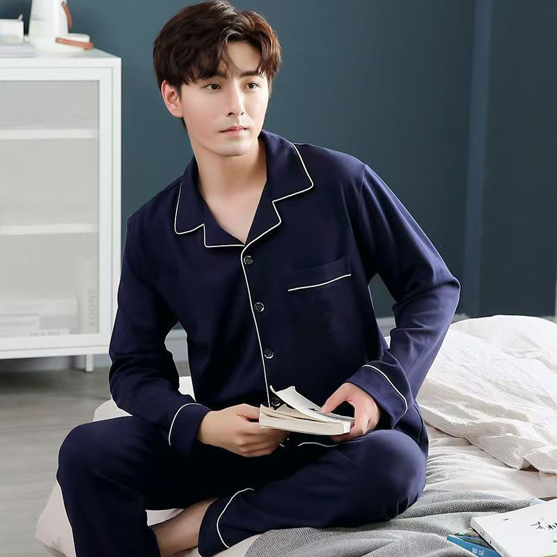CHINEE Autumn Men's Pyjama Two Piece Set Long sleeved Trousers Loungewear Loose Casual Sleepwear Lapel Cardigan Men Nightwear Pajamas