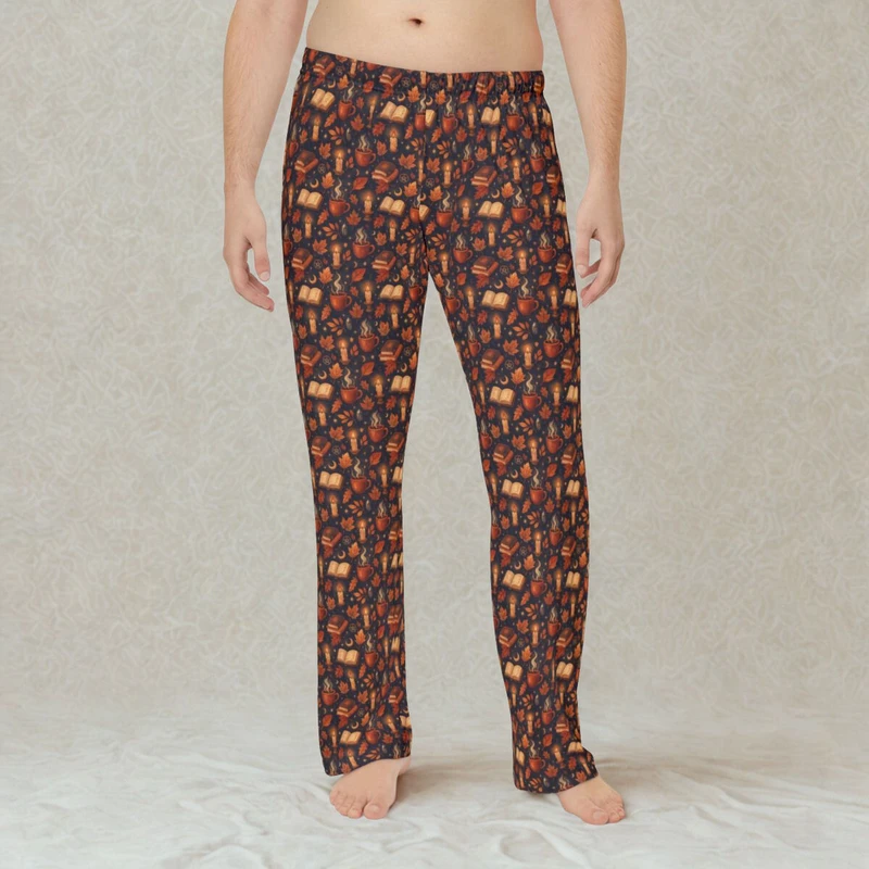 CHINEE Autumn Mystique Men's Comfortable 100% Polyester Pajama Pants Soft Knitted Sleepwear Elastic Waistband Digital Printed Design