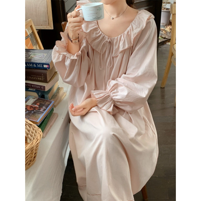 CHINEE Autumn Romantic Style Women's Embroidered Loose Fit Round Neck Full Length Long Sleeve Nightdress