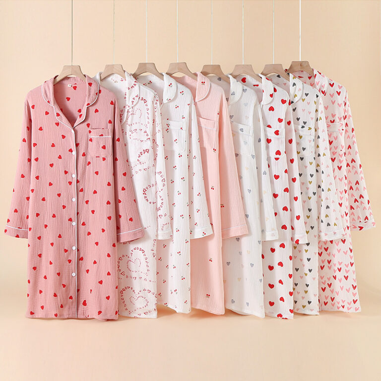 CHINEE-Autumn-Spring-Summer-Womens-Casual-Cotton-Long-Sleeved-Nightdress-Simple-Heart-Printed-Double-Layer-Gauze-Home-Sleepwear