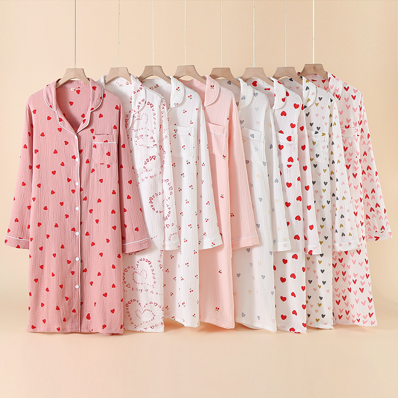 CHINEE Autumn Spring Summer Women's Casual Cotton Long Sleeved Nightdress Simple Heart Printed Double Layer Gauze Home Sleepwear