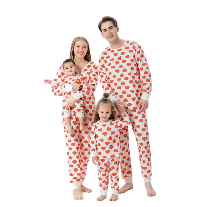 CHINEE Autumn Winter Family Matching Pajamas Set for Women Spandex Cotton Thermal Breathable Printed Pumpkin Design