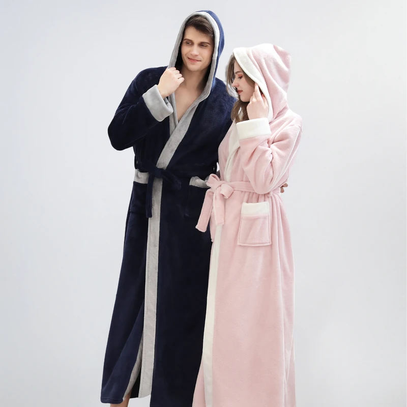 CHINEE Autumn Winter Flannel Solid Nightgown Hooded Bathrobe Coral Fleece Mens Thickened Lengthened Style Warm Comfortable