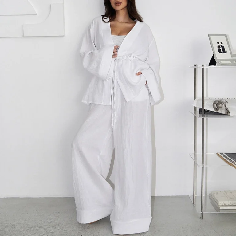 CHINEE-Autumn-Winter-Pure-Cotton-White-Double-Layer-Crepe-Drawstring-Pajamas-Long-Sleeved-Pants-Two-Piece-Set-For-Womens-Home-Wear
