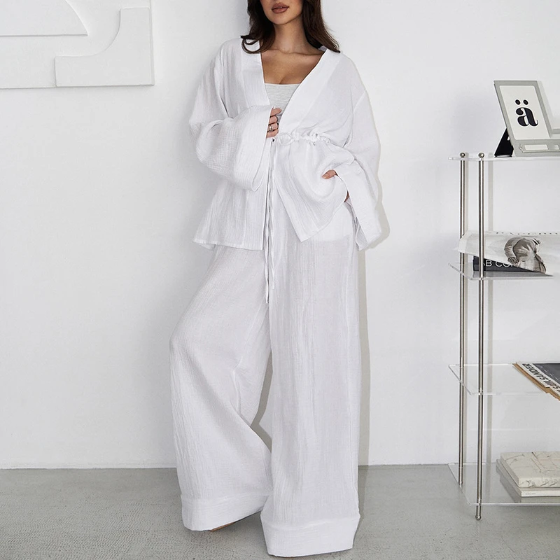 CHINEE Autumn Winter Pure Cotton White Double Layer Crepe Drawstring Pajamas Long Sleeved Pants Two Piece Set For Women's Home Wear